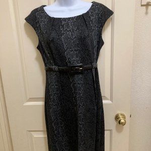 Calvin Klein black/gray reptile-type printed sheath dress, Size 8